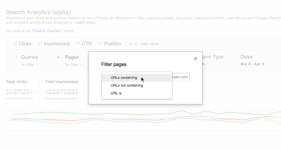 Google Webmaster Tools Search Analytics report URL filter