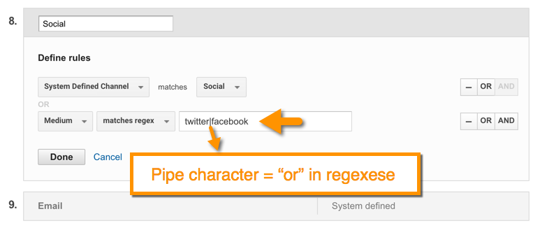 regex with Google Analytics custom channel definitions