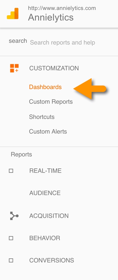 Google Analytics dashboards menu